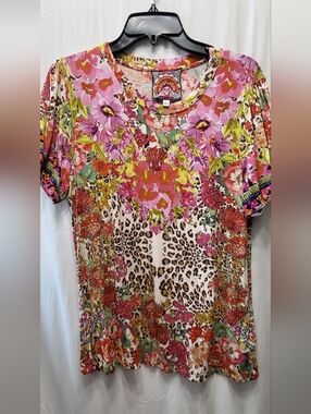 Johnny Was Pink Multi Floral & Leopard Short Sleeve Tee